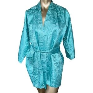 Vintage Kimono Turquoise Silver Silk Jacquard Short Robe Joli Made In Japan S/M